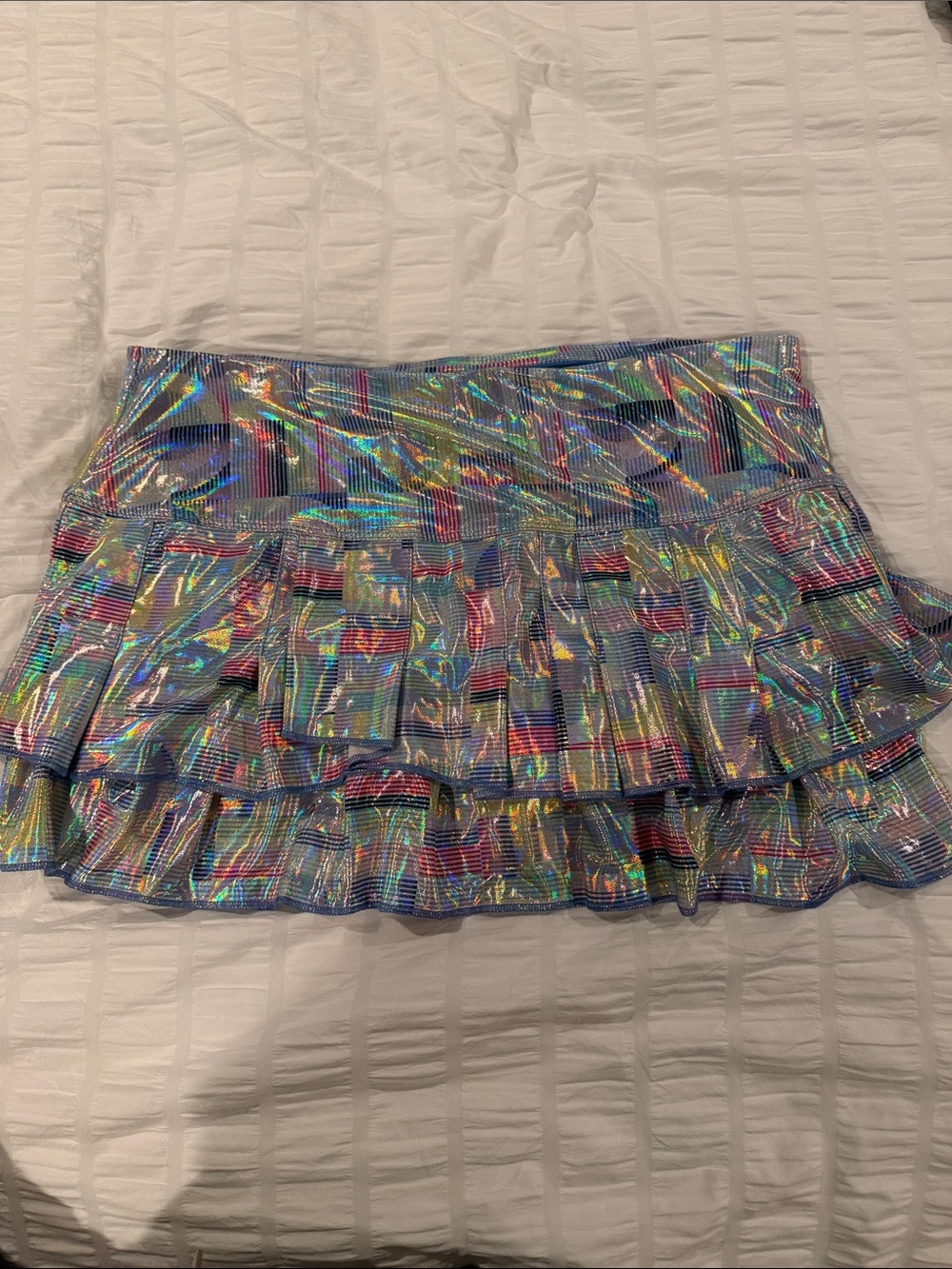 Tennis skirt. Lucky in Love- Holographic Rainbow Ruffle Mini Skirt